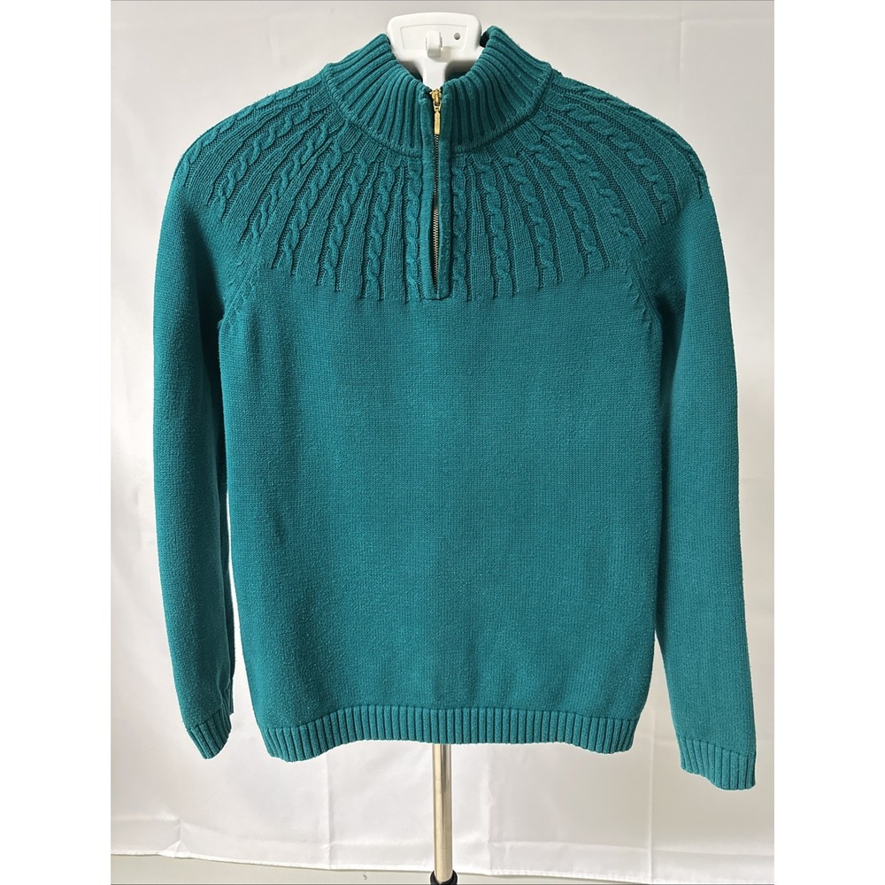 Lands' End Drifter Cable-knit Quarter Zi Sweater Green Women's Sz Small Cotton